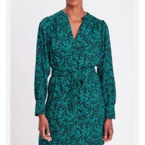 LOFT Dress 16 Blue Green Stretch Career Church Washable Pockets Belt Long Sleeve